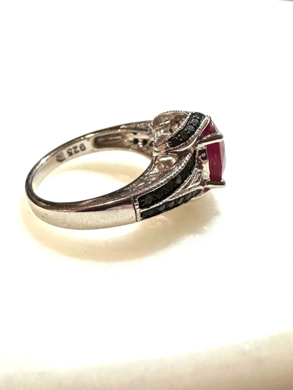 Ruby with Black and White Diamond Accents Sterling Silver Vintage Art Deco Ring
